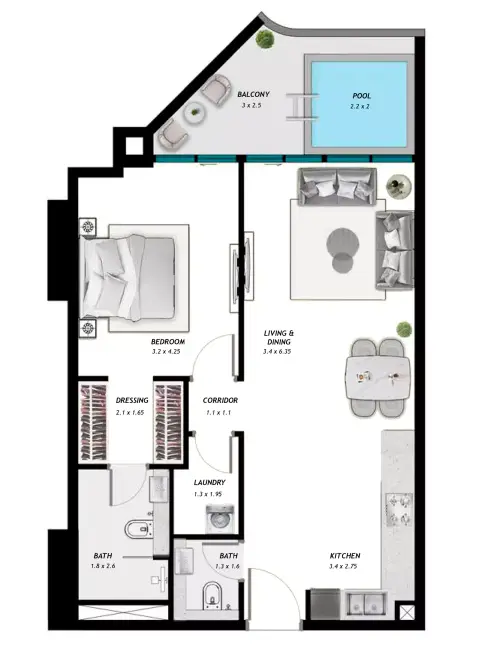 Plattegrond van 1 slaapkamer in Samana Ibiza