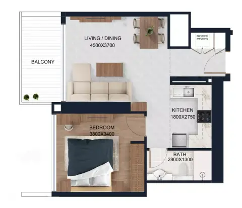 Plattegrond van 1 slaapkamer in Alfal Residence