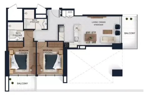 Plattegrond van 2 slaapkamers in Alfal Residence