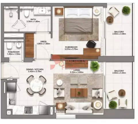 Plattegrond van 1 slaapkamer in Mallside Residences