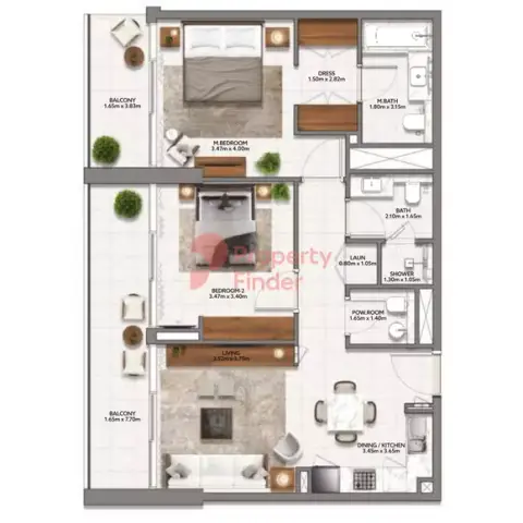 Plattegrond van 2 slaapkamers in Mallside Residences