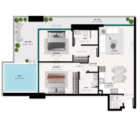Plattegrond van 2 slaapkamers in Samana Park Meadows