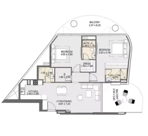 Plattegrond van 2 slaapkamers in Val by Kasco