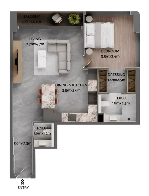 Plattegrond van 1 slaapkamer in Jardin Astral