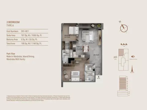 Plattegrond van 2 slaapkamers in Jardin Astral