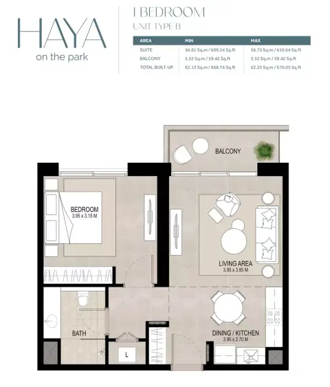 Plattegrond van 1 slaapkamer in Haya On The Park