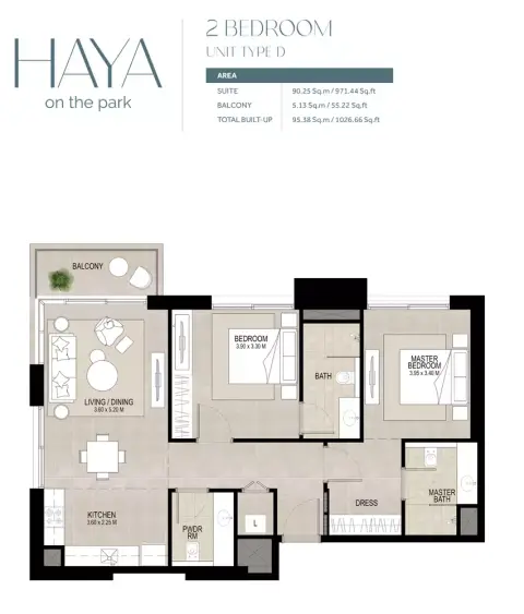 Plattegrond van 2 slaapkamers in Haya On The Park