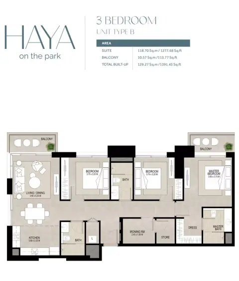 Plattegrond van 3 slaapkamers in Haya On The Park