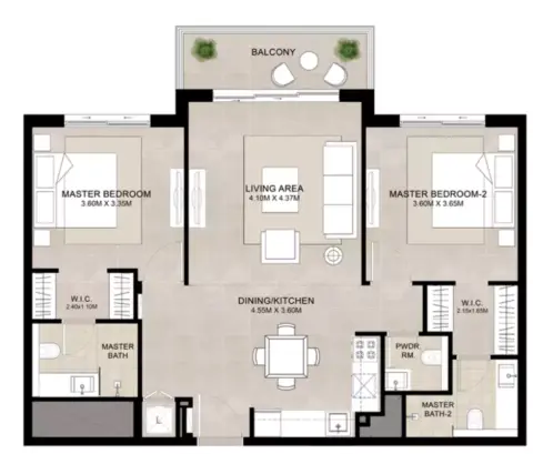 Plattegrond van 2 slaapkamers in FIA