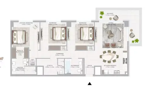 Plattegrond van 3 slaapkamers in Ocean Point 1 By Emaar