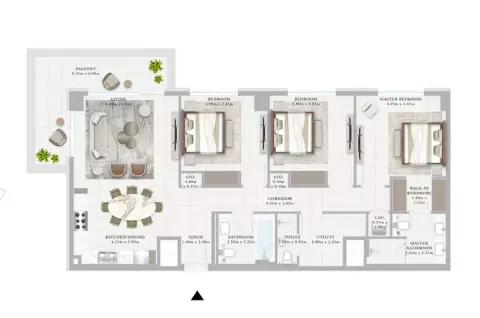 Plattegrond van 3 slaapkamers in Ocean Point 1 By Emaar