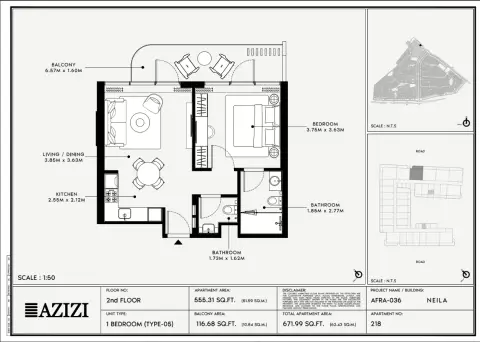 Plattegrond van 1 slaapkamer in Azizi Neila