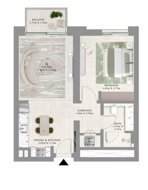 Plattegrond van 1 slaapkamer in Oria