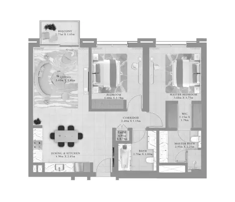 Plattegrond van 2 slaapkamers in Oria