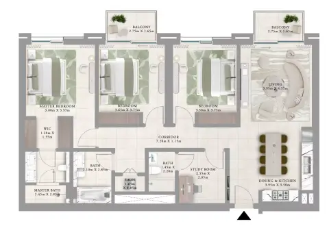 Plattegrond van 3 slaapkamers in Oria