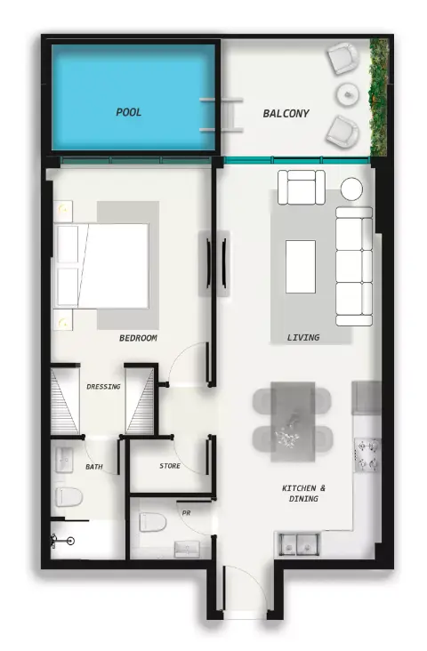 Plattegrond van 1 slaapkamer in Samana Avenue