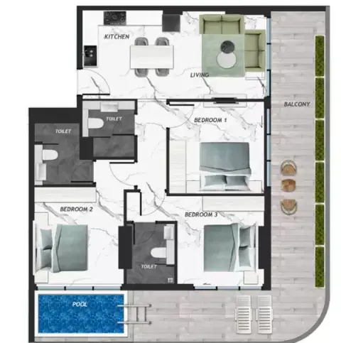 Plattegrond van 3 slaapkamers in IVY Gardens Phase 2 By Samana