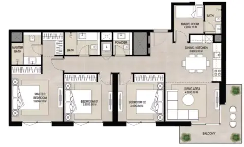 Plattegrond van 3 slaapkamers in Aria at Town Square Park