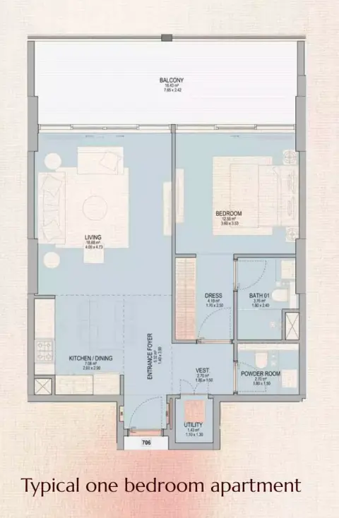 Plattegrond van 1 slaapkamer in The Grandala