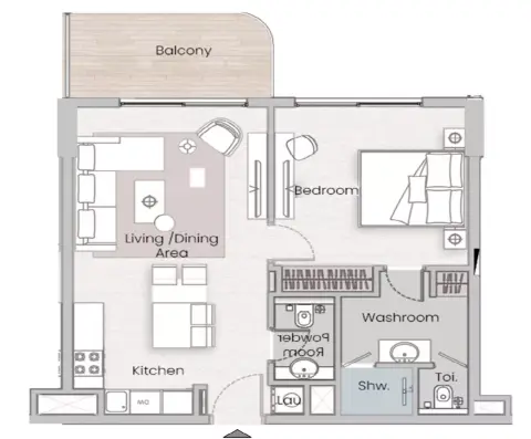 Plattegrond van 1 slaapkamer in One Beverly