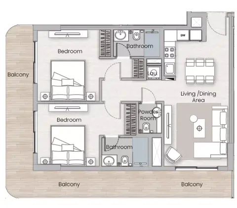 Plattegrond van 2 slaapkamers in One Beverly