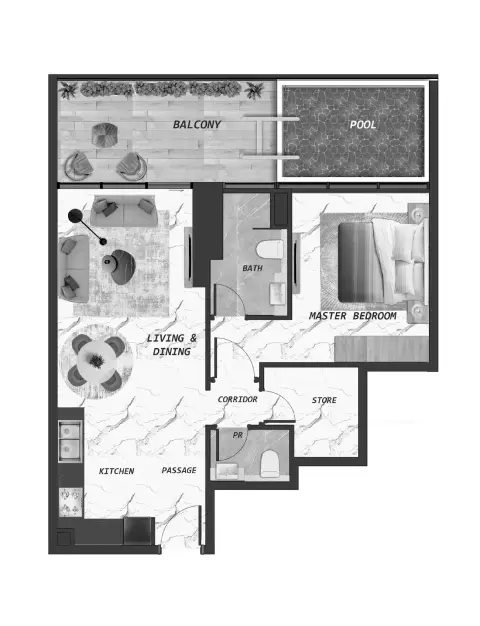 Plattegrond van 1 slaapkamer in Samana Lake Views