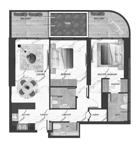 Plattegrond van 2 slaapkamers in Samana Lake Views