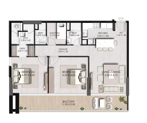 Plattegrond van 2 slaapkamers in Fairway Residences