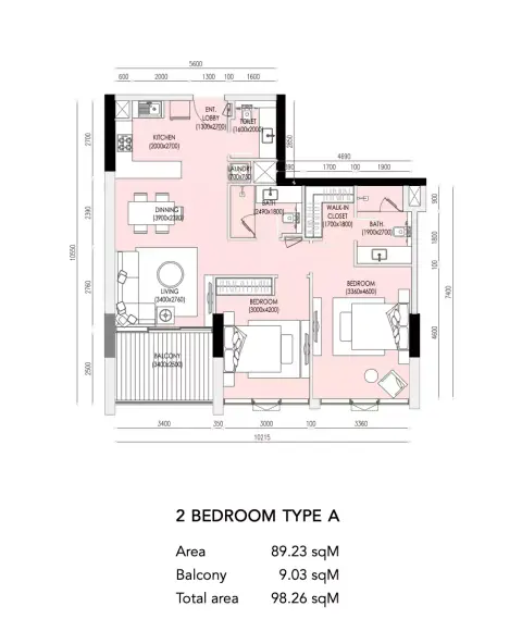 Plattegrond van 2 slaapkamers in Imperial Residence
