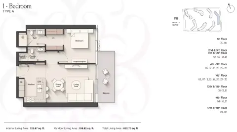 Plattegrond van 1 slaapkamer in Meriva Sunset