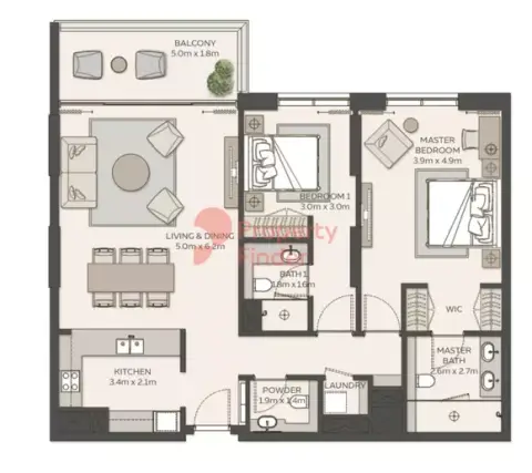 Plattegrond van 2 slaapkamers in Sky Residences