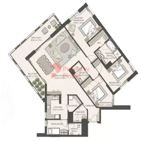 Plattegrond van 3 slaapkamers in Sky Residences