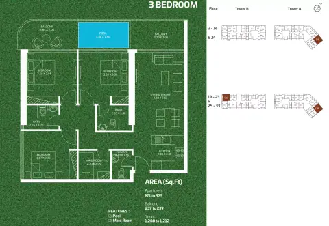 Plattegrond van 3 slaapkamers in Sportz