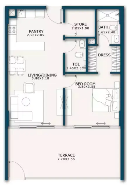 Plattegrond van 1 slaapkamer in Enqlave By Aqasa