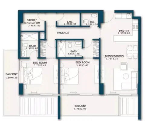 Plattegrond van 2 slaapkamers in Enqlave By Aqasa