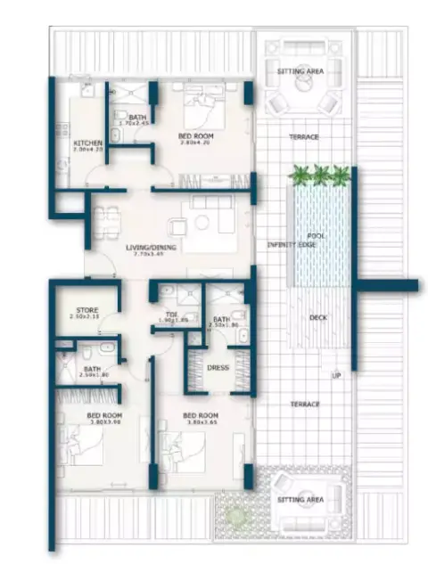 Plattegrond van 3 slaapkamers in Enqlave By Aqasa