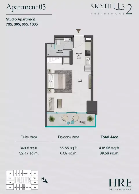 Plattegrond van Studio in Skyhills Residences Phase 2 By HRE