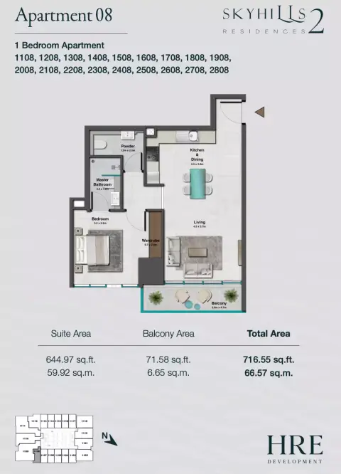 Plattegrond van 1 slaapkamer in Skyhills Residences Phase 2 By HRE