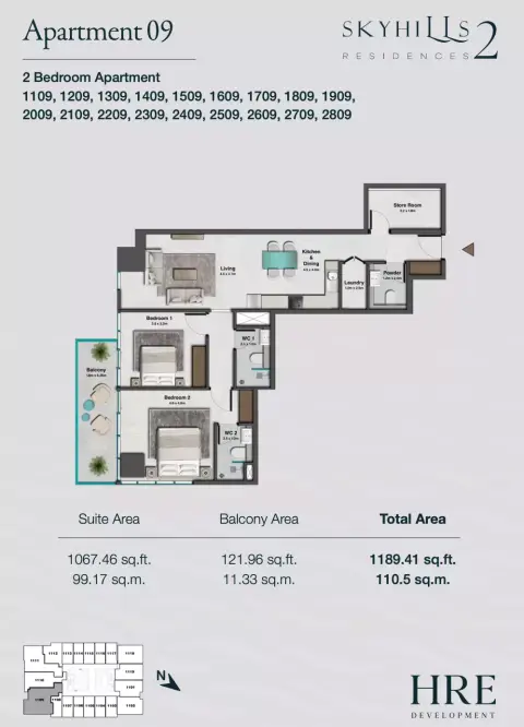 Plattegrond van 2 slaapkamers in Skyhills Residences Phase 2 By HRE