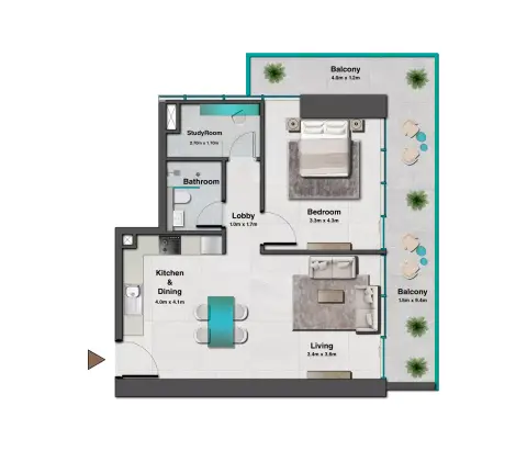 Plattegrond van 1 slaapkamer in Skyhills Residences Phase 3 By HRE
