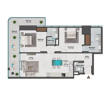 Plattegrond van 2 slaapkamers in Skyhills Residences Phase 3 By HRE