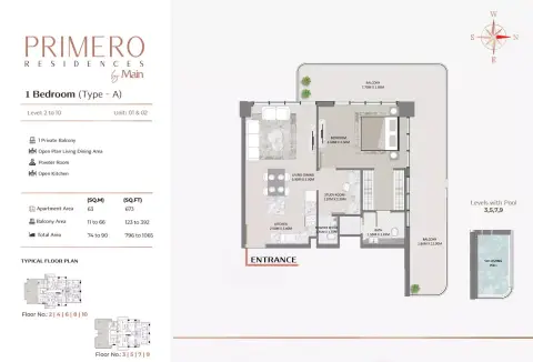 Plattegrond van 1 slaapkamer in Primero Residences