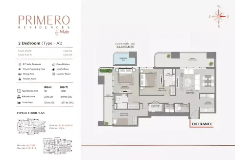 Plattegrond van 2 slaapkamers in Primero Residences