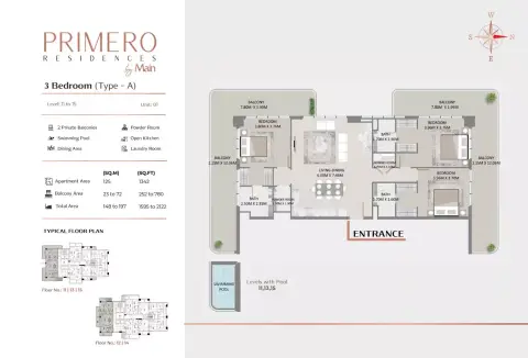 Plattegrond van 3 slaapkamers in Primero Residences