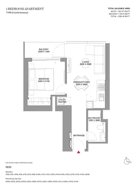 Plattegrond van 1 slaapkamer in Sobha Orbis