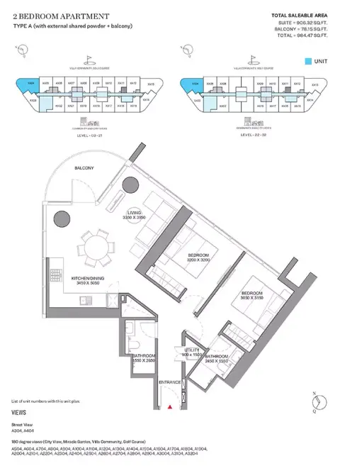 Plattegrond van 2 slaapkamers in Sobha Orbis