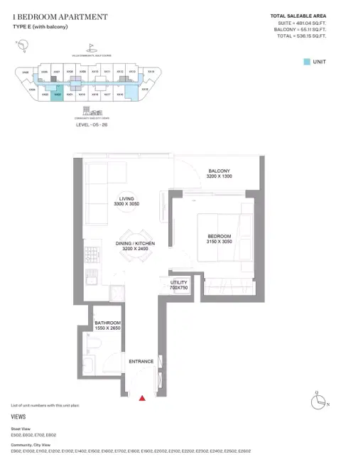 Plattegrond van 1 slaapkamer in Sobha Orbis