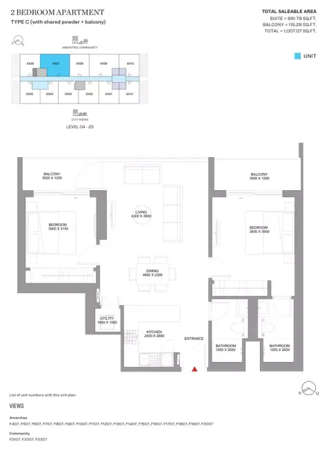 Plattegrond van 2 slaapkamers in Sobha Orbis