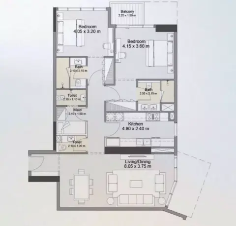 Plattegrond van 2 slaapkamers in Azura Residences