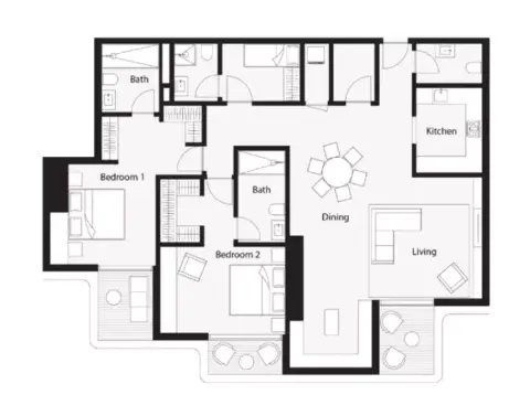 Plattegrond van 2 slaapkamers in One B Tower